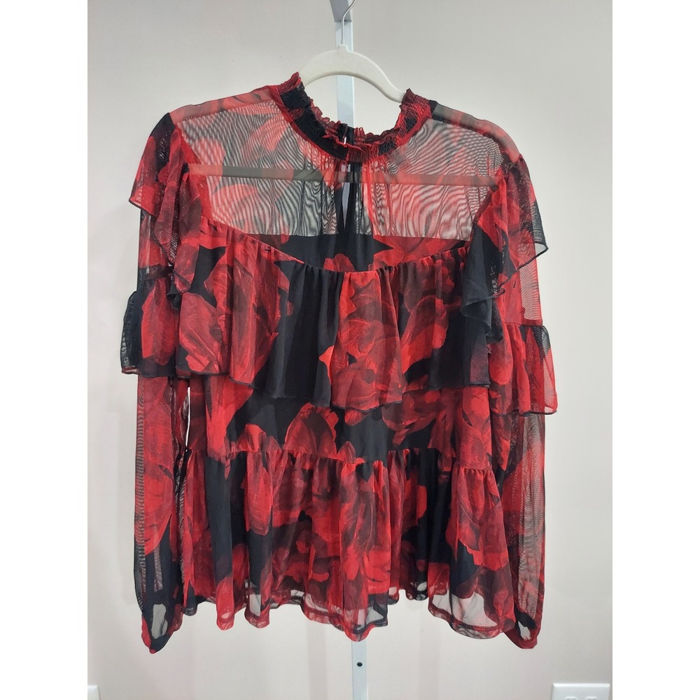 Cato Red Floral Mesh Ruffle Top Plus Size 18/20W Mock Neck Blouse Whimsigoth